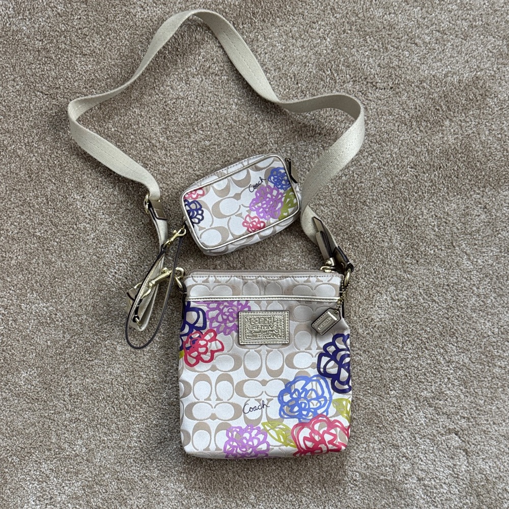 Coach Signature Floral Crossbody Bag with Wallet- Cream and Multicolor